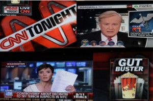 tvnewsmontage Nightly News on Cable Channels CNN, MSNBC, and FOX report varying versions of the news. MSNBC at this prime time hour features Chris Mathews who is a commentator and opinionated. CNN and Fox purport to be reporting the News at this hour but tend to sensationalize the facts.